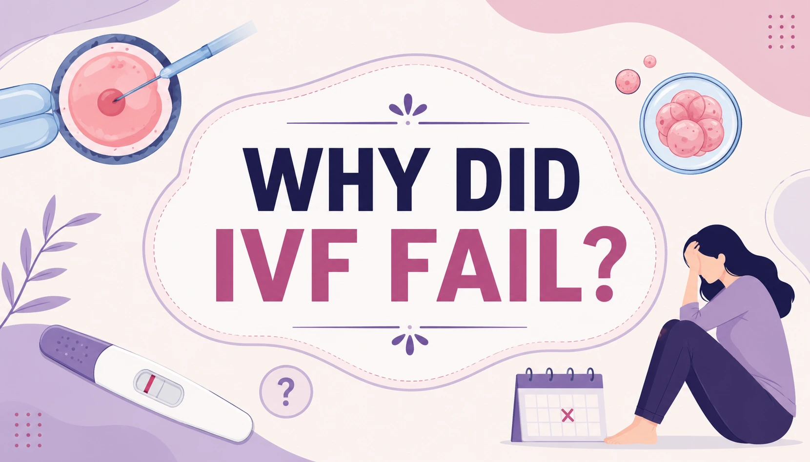 Why Did IVF Fail? Illustration showing embryo development, IVF treatment, fertility consultation, pregnancy testing, and the common medical reasons behind unsuccessful IVF cycles.