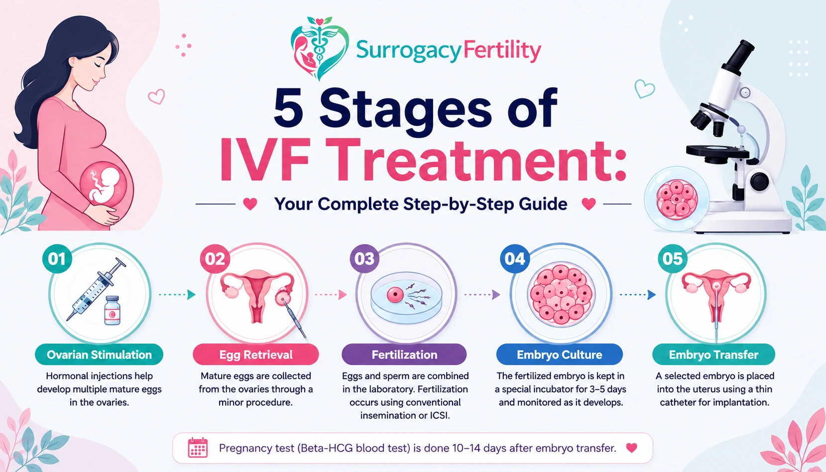 5 Stages of IVF Treatment: Your Complete Step-by-Step Guide showing ovarian stimulation, egg retrieval, fertilization, embryo culture, and embryo transfe