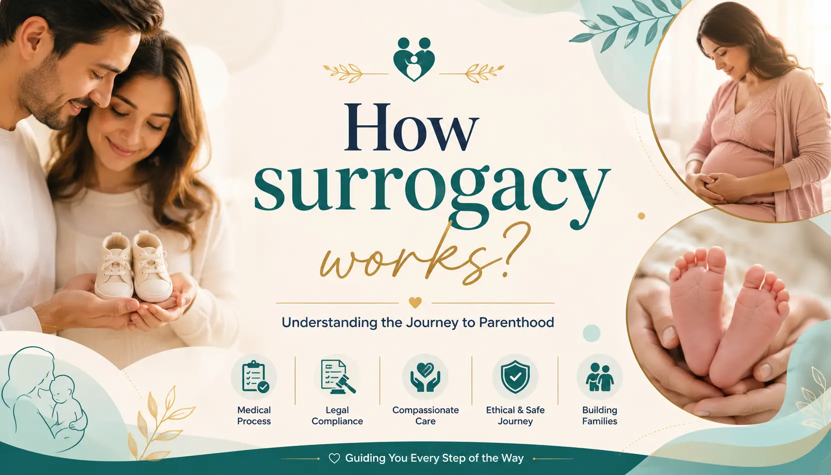 How surrogacy works? A step-by-step illustration of the gestational surrogacy process in India, showing intended parents, IVF embryo creation, surrogate pregnancy, legal compliance, and the journey to parenthood.