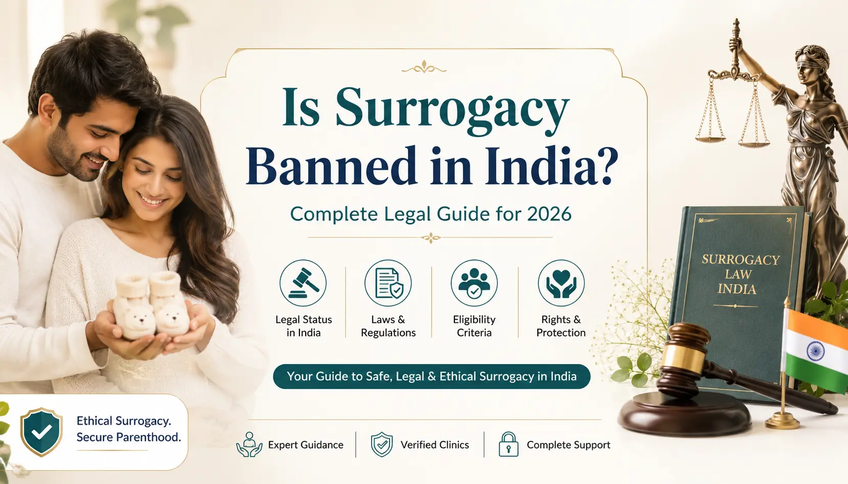 Is Surrogacy Banned in India? Complete Legal Guide for 2026 featured image showing a couple, legal surrogacy documents, and Indian surrogacy law concept with ethical and legal guidance