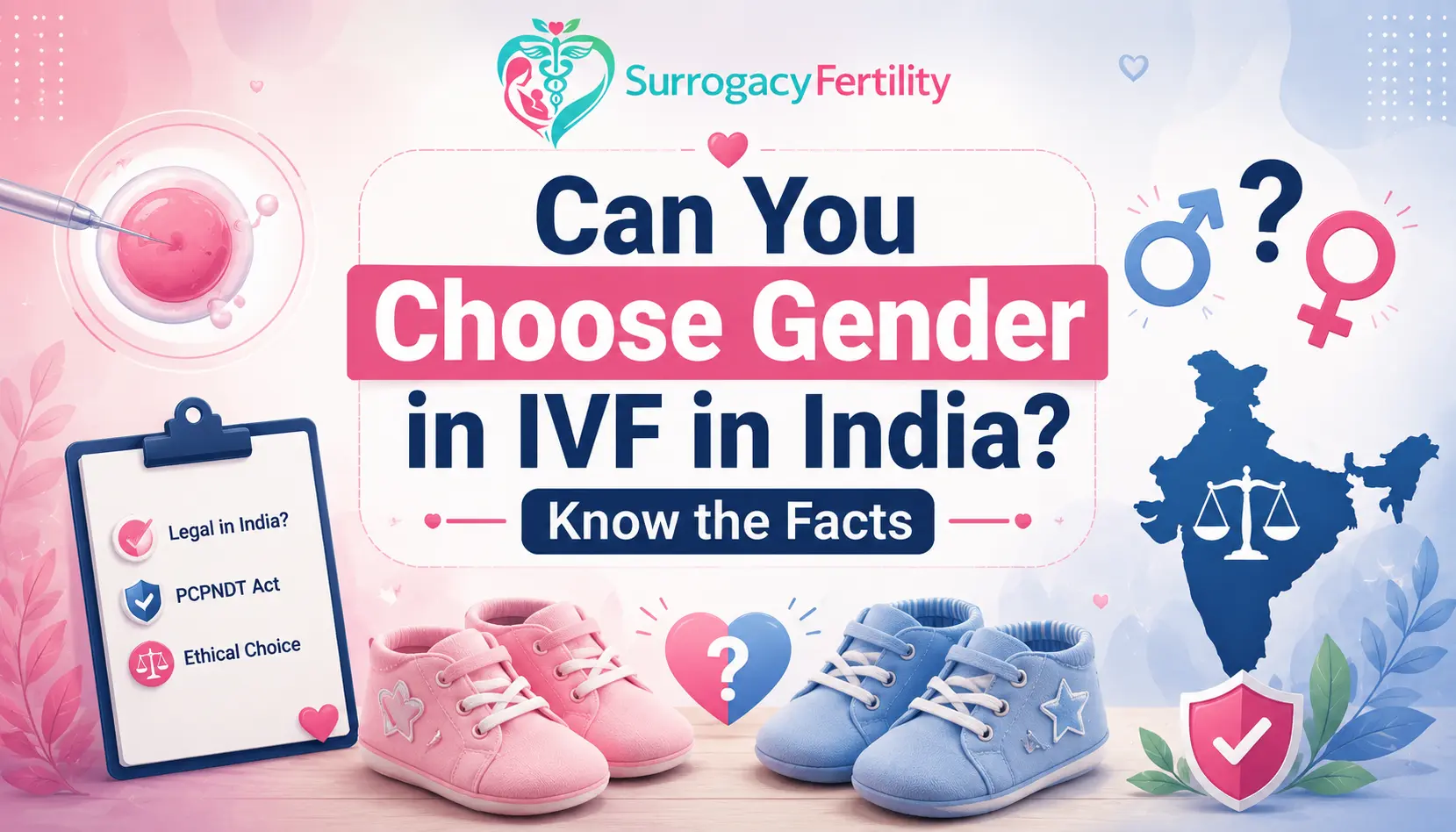 Can You Choose Gender in IVF in India? Know the Facts – Medical illustration explaining that gender selection through IVF is illegal in India under the PCPNDT Act, highlighting IVF, genetic testing, and fertility treatment information.