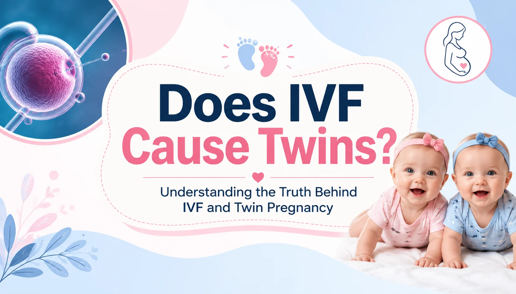 DOES IVF CAUSE TWINS infographic explaining how IVF treatment, embryo transfer, single embryo transfer (eSET), and embryo splitting influence the chances of twin pregnancy.