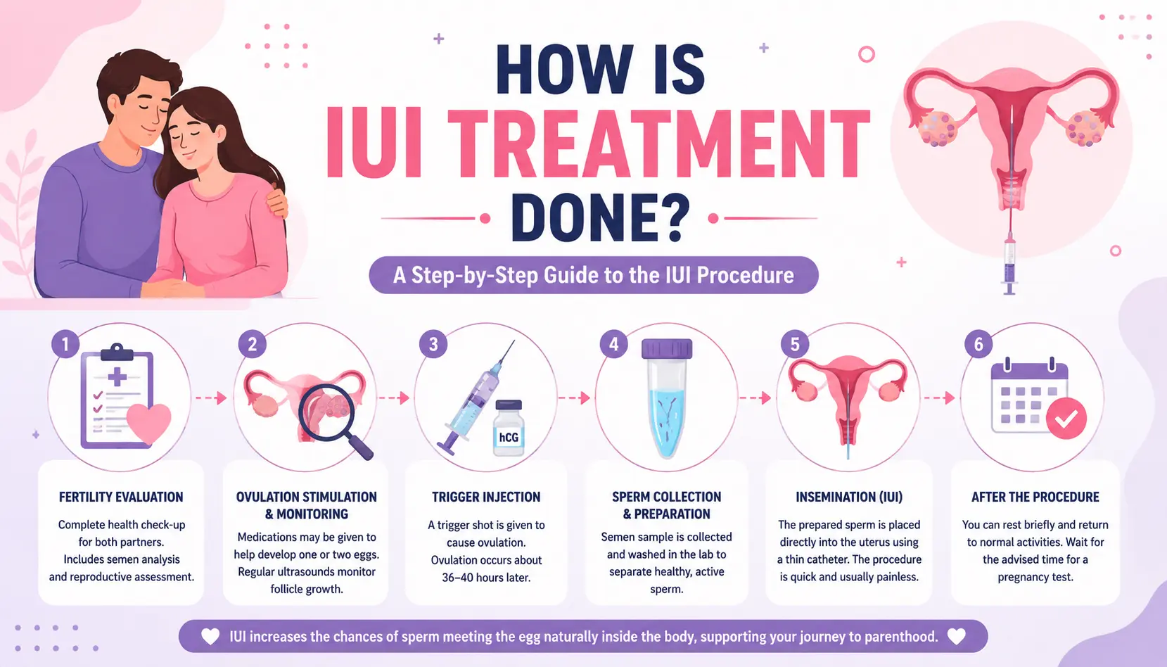 How is IUI treatment done – step-by-step illustration showing the IUI procedure, sperm preparation, ovulation monitoring, and insemination process for fertility treatment.