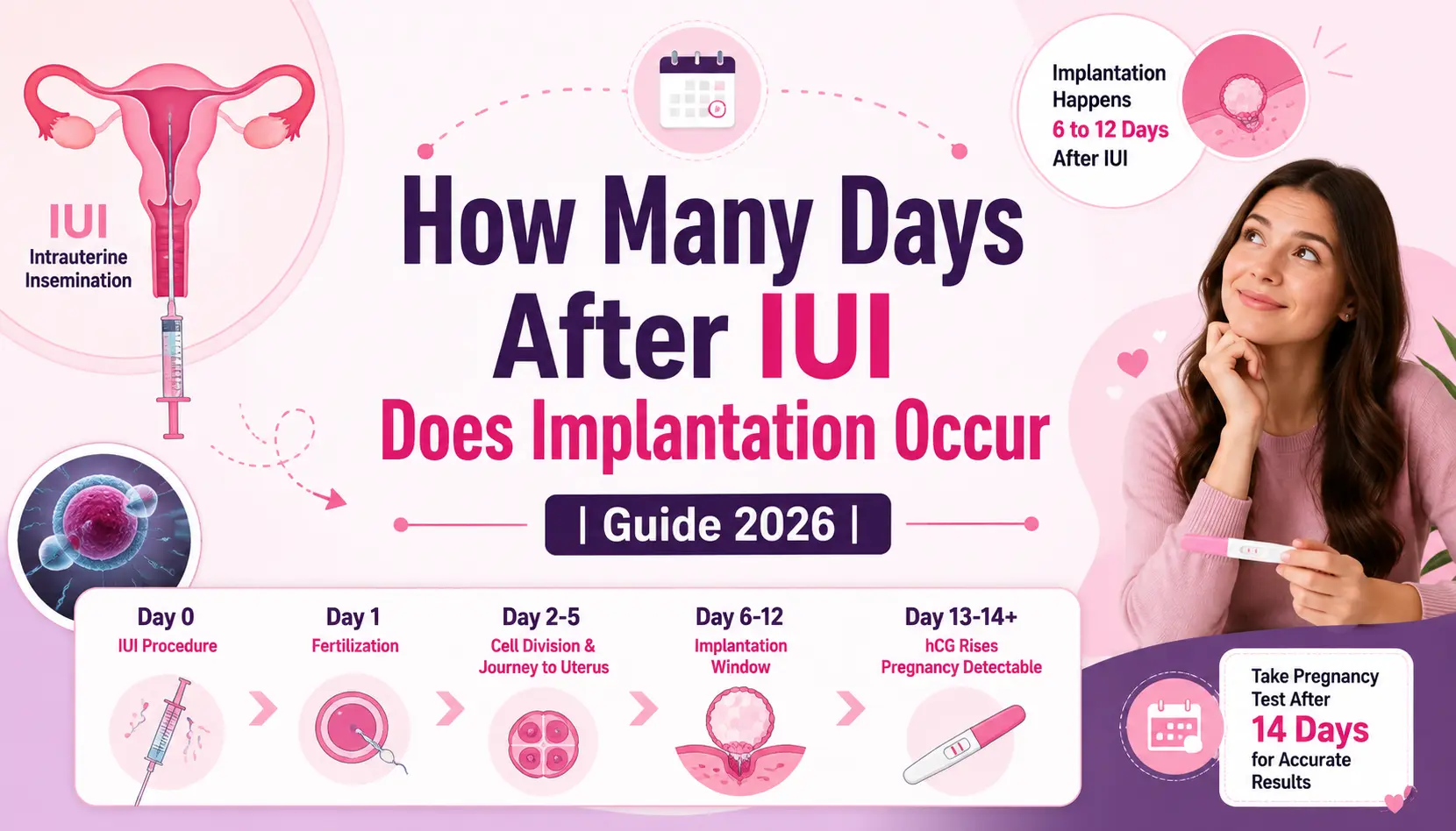 How Many Days After IUI Does Implantation Occur | Guide 2026 – Complete IUI implantation timeline showing fertilization, blastocyst development, implantation window, common symptoms, and pregnancy test timing.