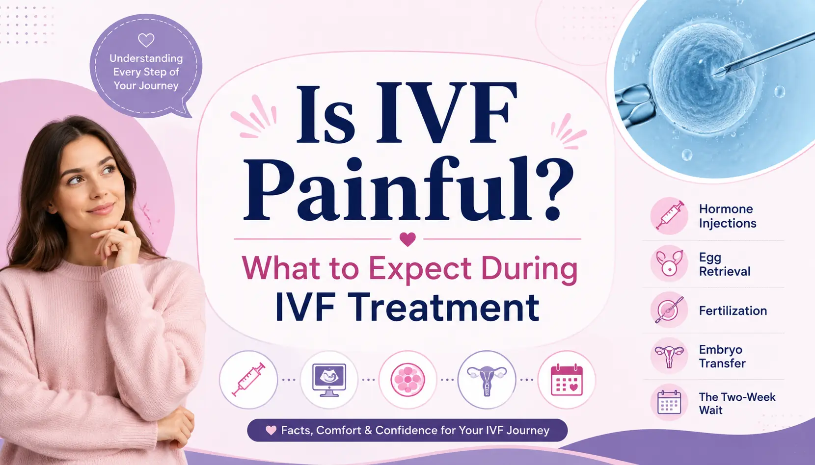 Woman learning about IVF treatment with illustration of IVF stages including hormone injections, egg retrieval, fertilization, embryo transfer, and two-week wait – Is IVF Painful? What to Expect During IVF Treatment