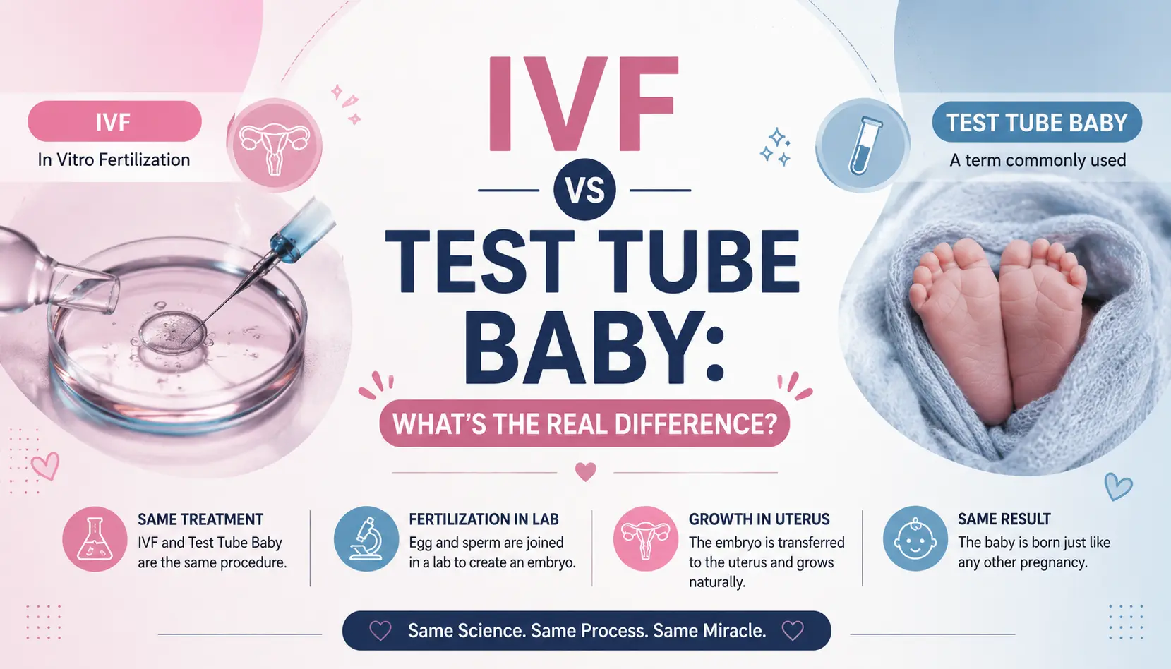 IVF vs Test Tube Baby: What's the Real Difference? Learn how IVF (In Vitro Fertilization) and Test Tube Baby refer to the same fertility treatment, where fertilization occurs in a laboratory before the embryo is transferred to the uterus.
