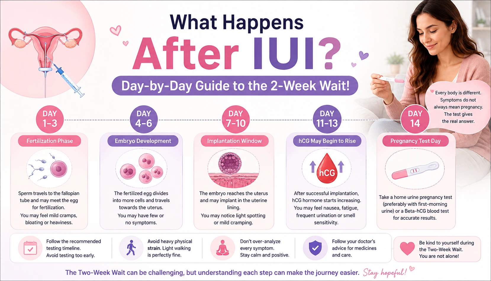 What Happens After IUI? Day-by-Day Guide to the 2-Week Wait! showing the IUI timeline from fertilization and embryo development to implantation and pregnancy testing