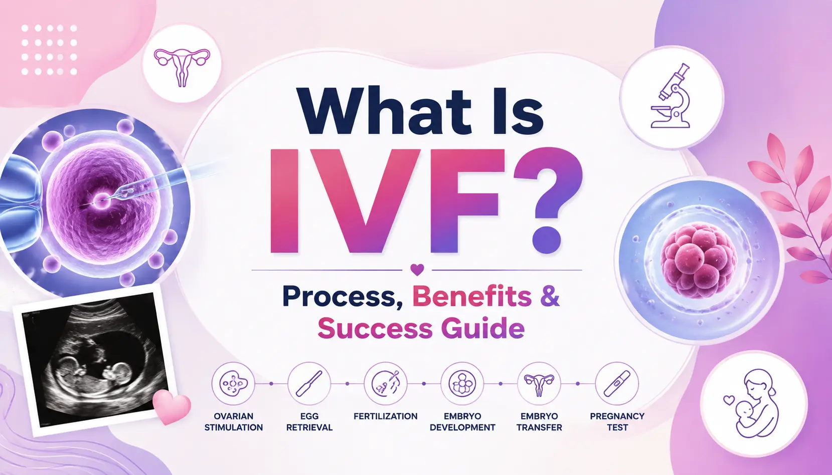 What Is IVF? Process, Benefits & Success Guide – Illustration showing the IVF treatment process, including ovarian stimulation, egg retrieval, fertilization, embryo development, embryo transfer, pregnancy testing, and the key benefits of In Vitro Fertilization.