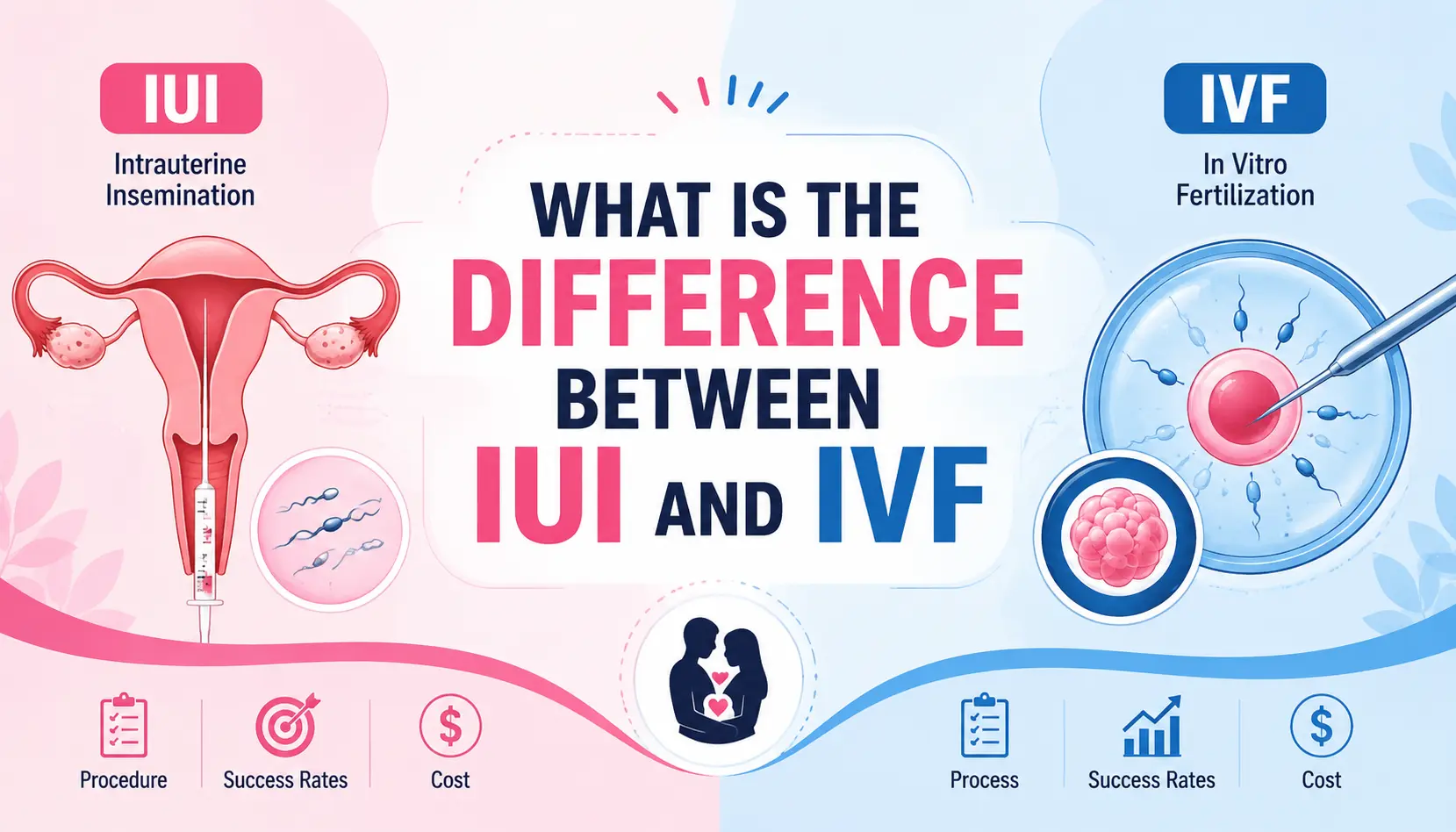 What is the difference between IUI and IVF? Featured image comparing IUI and IVF fertility treatments, showing the fertilization process, key differences, success rates, and treatment approach.