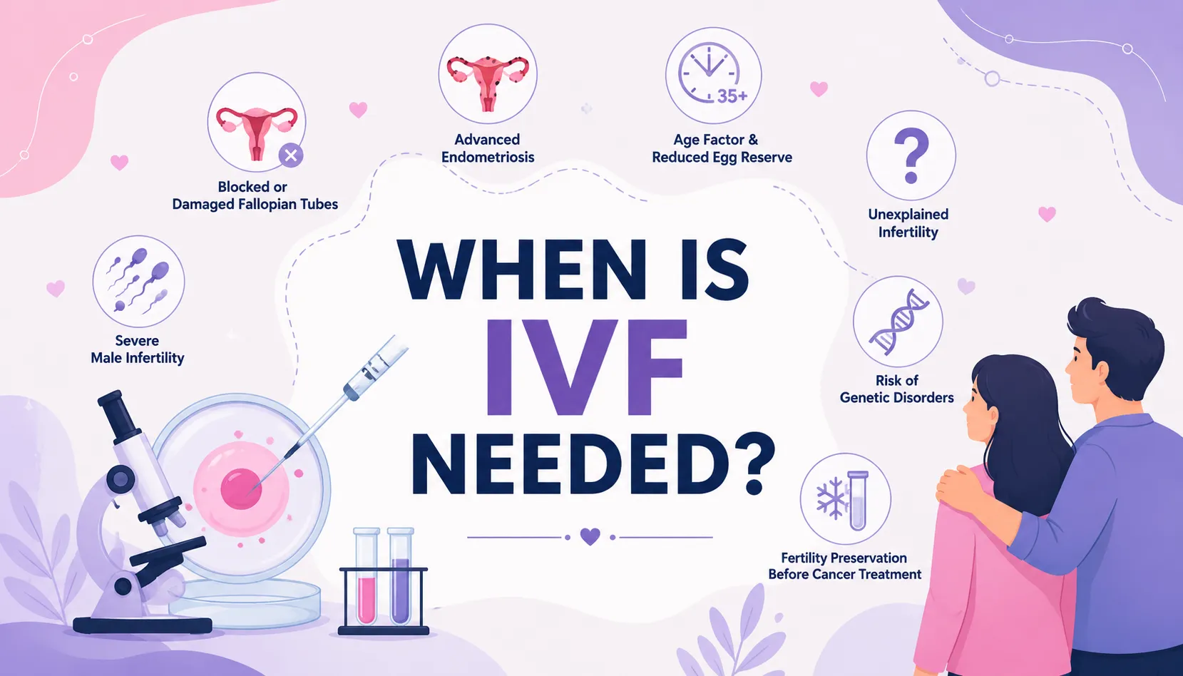 When Is IVF Needed? Illustration showing common medical conditions such as blocked fallopian tubes, male infertility, endometriosis, reduced ovarian reserve, unexplained infertility, genetic disorders, and fertility preservation that may require IVF treatment.