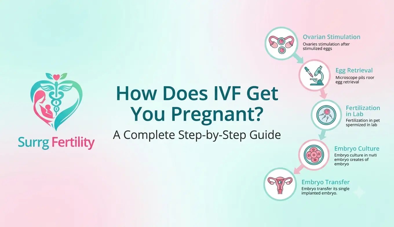 How Does IVF Get You Pregnant? A complete step-by-step guide showing the 5 stages of IVF treatment including ovarian stimulation, egg retrieval, fertilisation, and embryo transfer