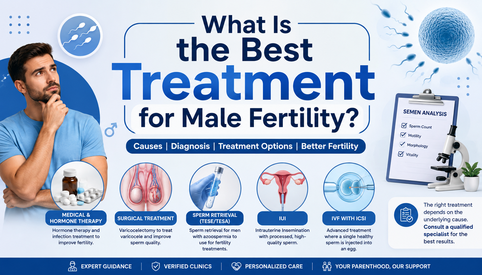 What Is the Best Treatment for Male Fertility? Guide to male fertility treatment options including hormone therapy, surgery, IUI, IVF, and ICSI